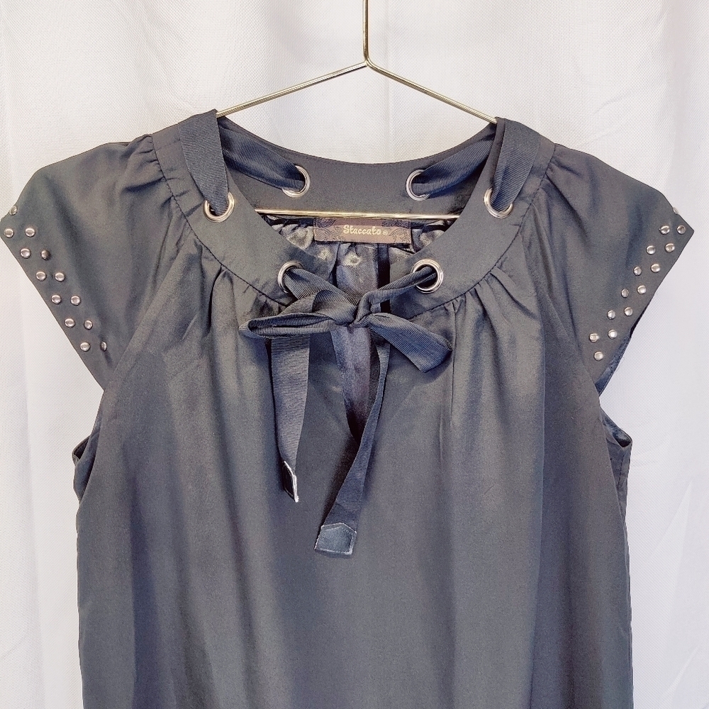 Staccato Black Silky Dress Cap Sleeve Above Knee Laced Tie Bow Collar Studs - Picture 10 of 16